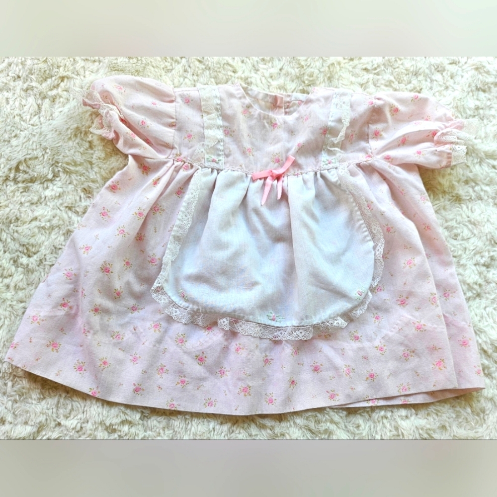 Vintage Baby Infant Girl Handmade Dress, Size 3-6 Months, Pink, White, Flowers